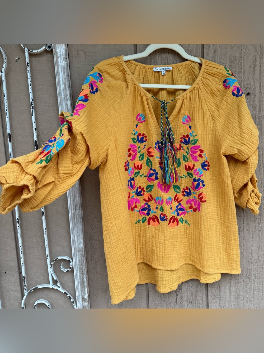 See And Be Seen Yellow floral Tassel Peasant Top